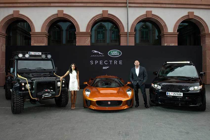 Naomie Harris and Dave Bautista with the Range Rover Sport SVR, Land Rover Defender and Jaguar C-X75